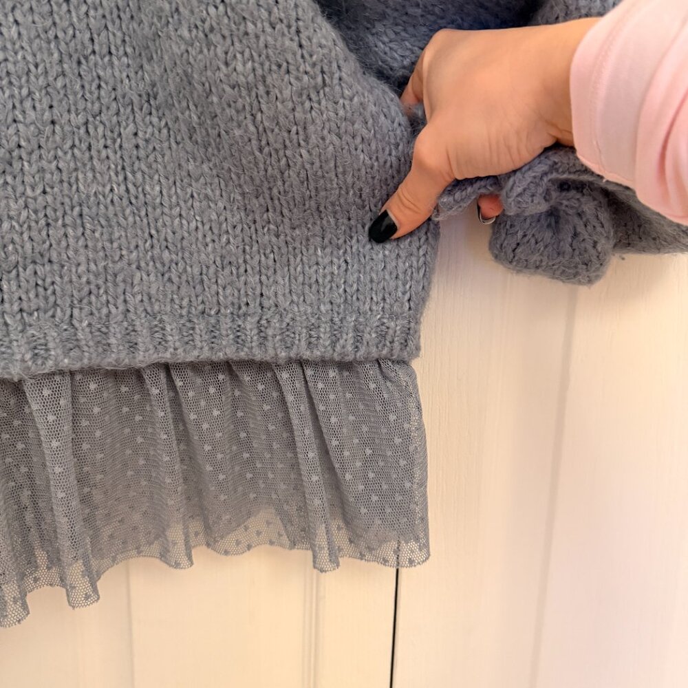 Blue Knit Hoodie with Sheer Ruffle Hem - Picture 6 of 8